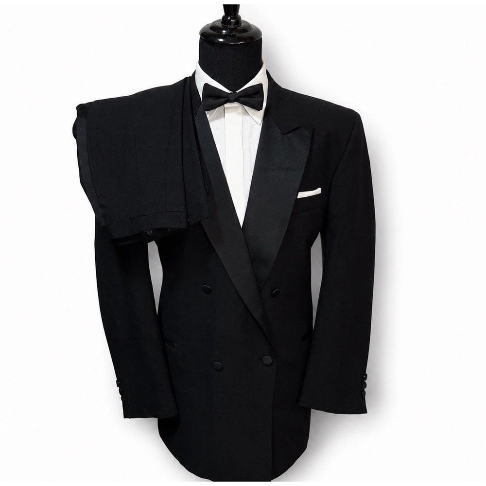 Vtg Adolfo Tuxedo Opera Suit Double Breasted 48R Pants 42x32 Satin USA 100% Wool